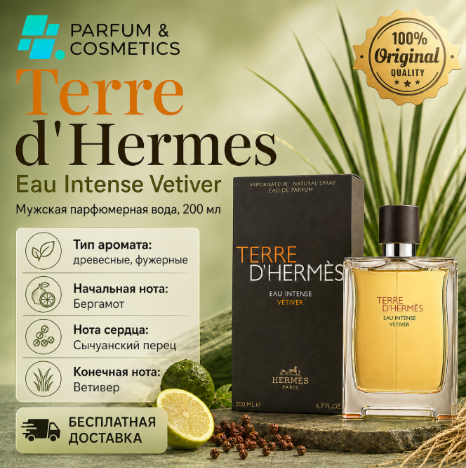 Мужская парфюмерная вода Hermes Terre d'Hermes Eau Intense Vetiver, 200 мл